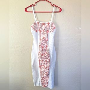 Adam Jones Paris Elegant White and Orange Dress Size L 2 small stains see pics